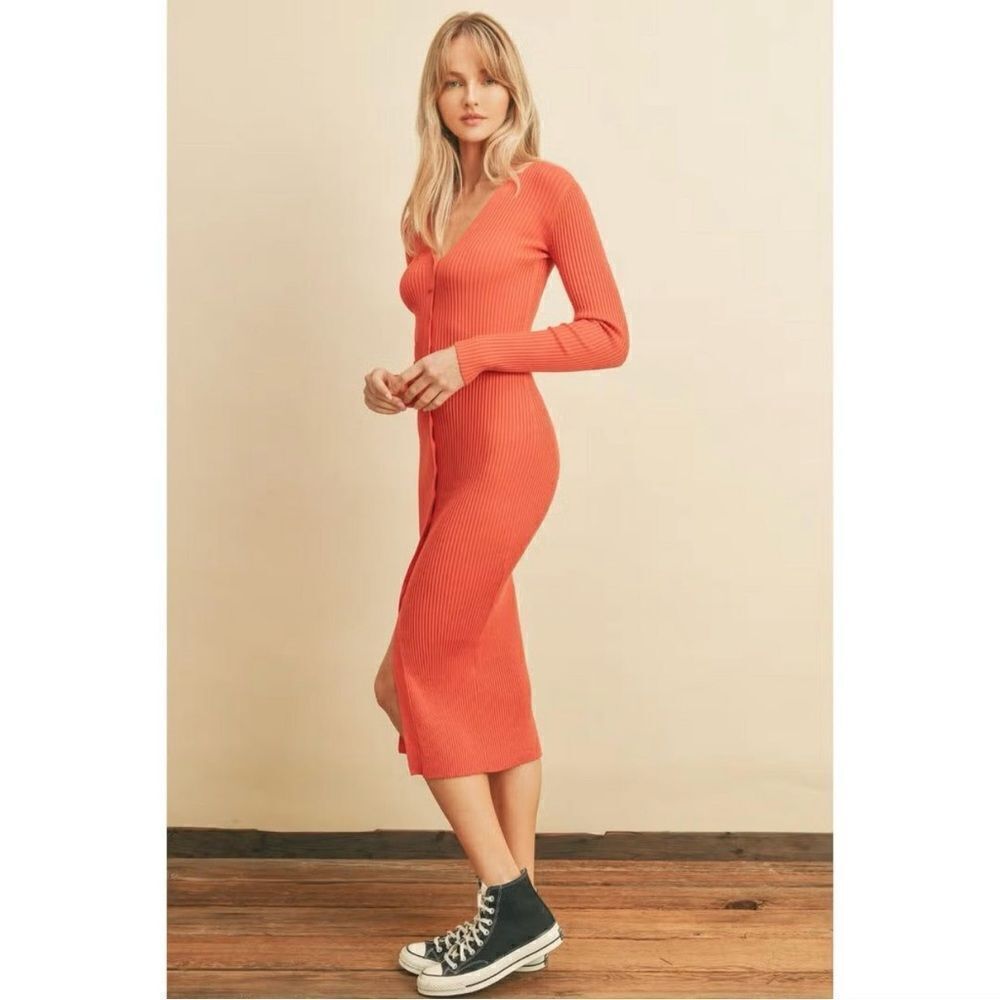 Dress Forum Ribbed‎ Knit Cardigan Duster Sweater Dress Orange Small